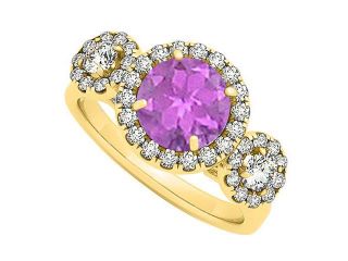 Triple Halo Two Stone Amethyst and Cubic Zirconia Engagement Ring