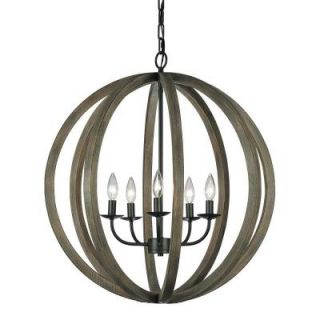 Feiss Allier 5 Light Weathered Oak Wood/Antique Forged Iron Large Pendant F2936/5WOW/AF
