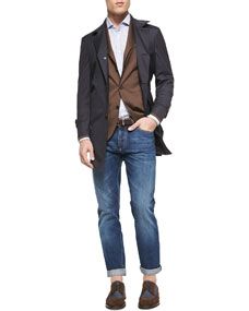 Brunello Cucinelli Ultra Light Travel Car Coat, Herrinbone Deconstructed Jacket, Fine Stripe Linen Shirt & Slim Fit Selvedge Denim Jeans