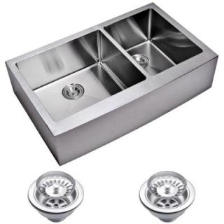 Water Creation Farmhouse Apron Front Small Radius Stainless Steel 36 in. Double Bowl Kitchen Sink with Strainer in Satin SSS AD 3622C