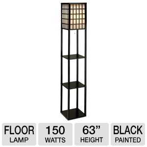 Adesso Middleton Shelf Floor Lamp   Black Painted Frame, Off white Fabric, Shade Enclosed By Wood Panel, 63 Tall, On/Off Pull Chain Switch, Uses 150W Bulb    3672 01