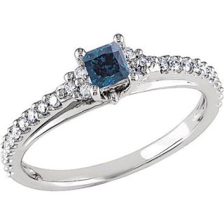 Miabella 1/2 Carat T.W. Princess cut Blue and Round White Diamond 10kt White Gold Engagement Ring