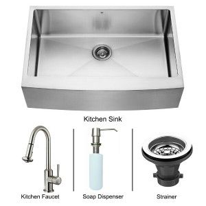 VIGO Industries VG15094 Kitchen Sink Set, Farmhouse Sink, Faucet, Strainer & Dispenser   Stainless Steel
