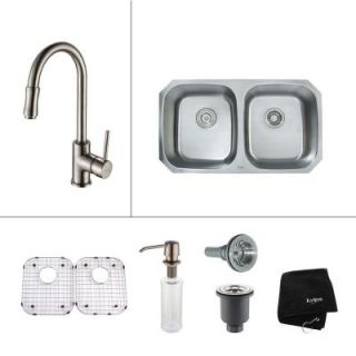 KRAUS All in One Undermount Stainless Steel 32.25 in. Double Bowl Kitchen Sink with Satin Nickel Faucet Set KBU22 KPF1622 KSD30SN
