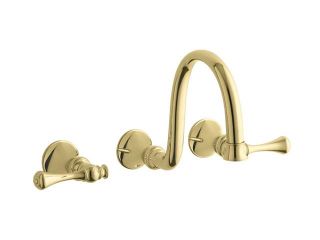 KOHLER K T16106 4A PB Euro Modern Revival wall mount lavatory faucet trim with traditional lever handles and 9" spout Polished Brass