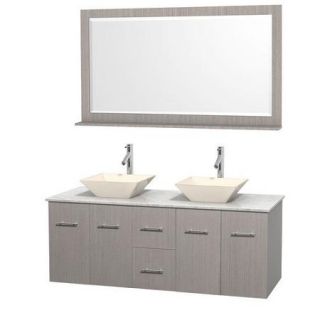 Wyndham Collection Centra 60 inch Double Bathroom Vanity in Gray Oak, Ivory Marble Countertop, Pyra White Porcelain Sinks, and 58 inch Mirror