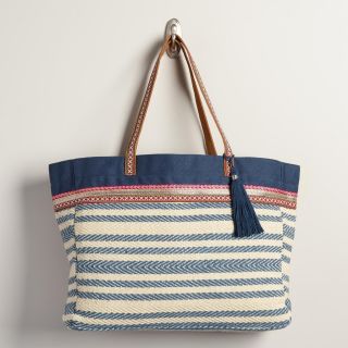 Blue and Ivory Woven Tote Bag