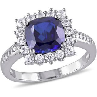 Tangelo 3 3/5 Carat T.G.W. Created Blue and White Sapphire with Diamond Accent Sterling Silver Halo Engagement Ring