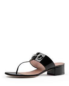 Gucci Liliane Patent Horsebit Thong Sandal, Black