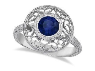 Antique Round Blue Sapphire Ring w/ Scroll Work 14k White Gold (1.10ct)