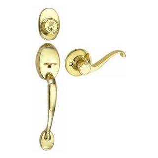 Design House Coventry Polished Brass Handleset with Scroll Lever Interior and Single Cylinder Deadbolt 512418