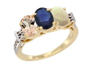 14K Yellow Gold Natural Morganite, Blue Sapphire & Opal Ring 3 Stone Oval 7x5 mm Diamond Accent, sizes 5   10