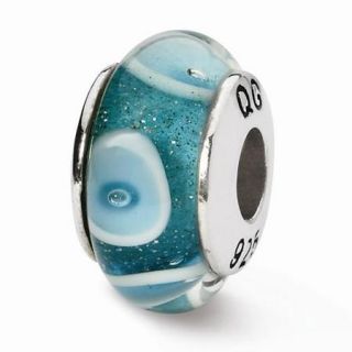 Sterling Silver Reflections Blue/White Circles Hand blown Glass Bead