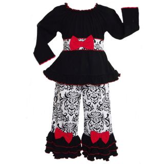 AnnLoren Girls Cotton Black/ White Damask with Red Bows Outfit