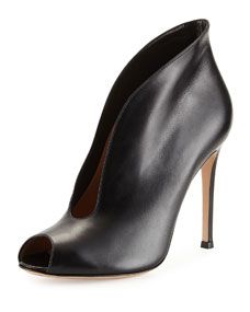 Gianvito Rossi Leather V Neck Peep Toe Bootie, Black