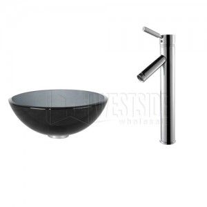 Kraus C GV 104 14 12mm 1002CH Clear Black 14 inch Glass Vessel Sink and Sheven Faucet   Chrome