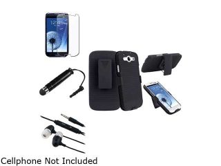 Insten Black In Ear Headset w/ On off & Mic + Black Holster w/ Stand + Screen Protector Bundle Compatible With Samsung Galaxy SIII / S3