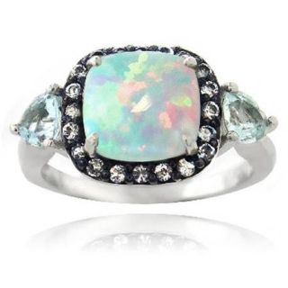 Created White Opal and Blue Topaz Sterling Silver Square Ring