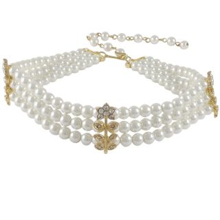 Glass Faux Pearls Crystal Flower Three Row Choker Necklace  
