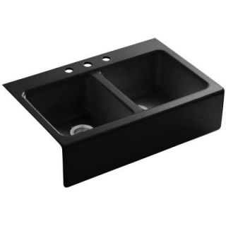 KOHLER Hawthorne Tile In Apron Front Cast Iron 33 in. 3 Hole Double Bowl Kitchen Sink in Black Black K 6534 3 7