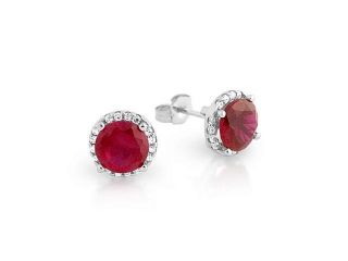 925 Sterling Silver Rhodium Plated 7.5Mm Red Round Cubic Zirconia Stud Earrings With All Around Clear Cubic Zirconia Stones