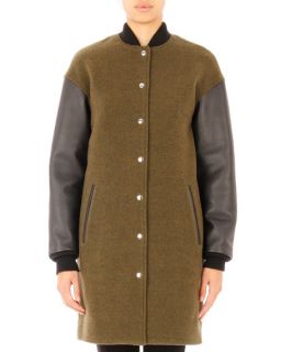 T by Alexander Wang Leather Sleeve Wool Blend Bomber Jacket, Lichen