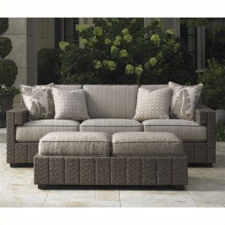 Tommy Bahama Home Blue Olive Wicker Sofa with Box Edge Cushions in Gray Tweed   3230 33B 61
