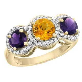 World Jewels 14K Yellow Gold Round Natural Citrine & Amethyst Sides Ring, Size 6