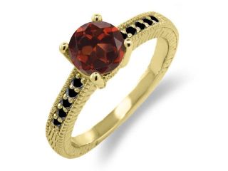 1.67 Ct Round Red Garnet Black Diamond 14K Yellow Gold Engagement Ring 