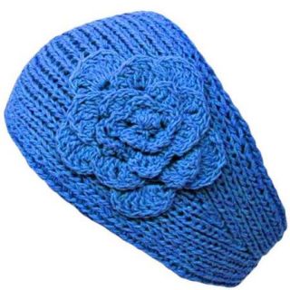 Luxury Divas Teal Blue Hand Made All Cotton Knit Headband With Flower Detail