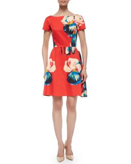 Lela Rose Short Sleeve Floral Print Dress, Red Multi