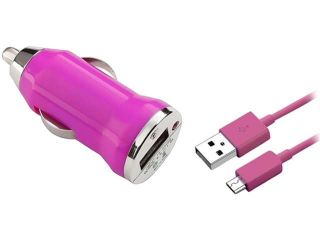 Insten 1047341 Hot Pink Universal USB Mini Car Charger Adapter + 3 FT Hot Pink Micro USB 2  in 1 Cable