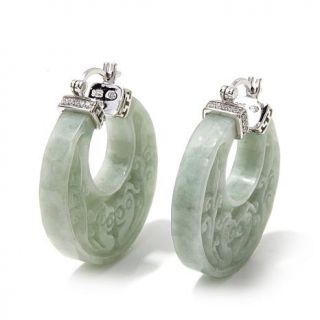 Jade of Yesteryear Carved Green Jade and CZ Sterling Silver Hoop Earrings   8006180