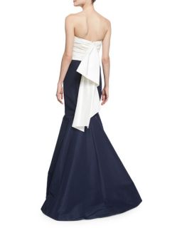 Carolina Herrera Strapless Colorblock Fishtail Gown, Ivory/Indigo