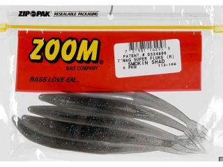 Zoom Soft Plastic Bass Fishing Bait 112 109 7" Mag Super Fluke Smokin Shad