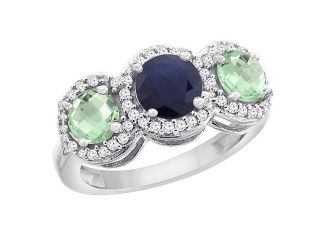 14K White Gold Natural High Quality Blue Sapphire & Green Amethyst Sides Round 3 stone Ring Diamond Accents, sizes 5   10