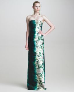 Oscar de la Renta Floral Print Strapless Gown