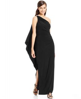 Betsy & Adam Embellished One Shoulder Cape Gown