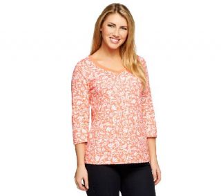Denim & Co. 3/4 Sleeve Sweetheart Neck Floral Print Knit Top —