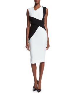 Victoria Beckham Sleeveless Asymmetric Colorblock Sheath Dress, Black/White