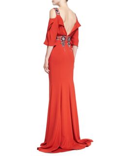 Carolina Herrera Cold Shoulder Jeweled Gown, Lava Red