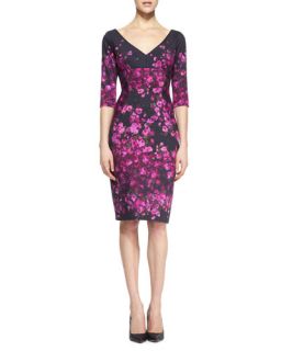 Lela Rose Half Sleeve Floral Print Dress, Magenta/Black