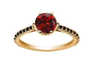 1.37 Ct Round Red Garnet Black Diamond 18K Yellow Gold Engagement Ring 