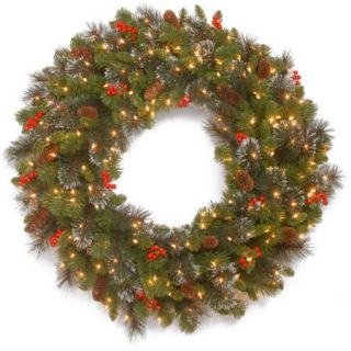National Tree Pre Lit 30" Crestwood Spruce Wreath with Silver Bristle, 12 Cones, 12 Red Berries, Glitter and Battery Operated LED Lights with Timer