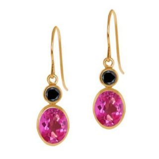 2.14 Ct Oval Pink Mystic Topaz Black Diamond 14K Yellow Gold Earrings