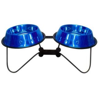 Platinum Pets 3 Cup Wrought Iron Bone Tie Double Feeder with Embossed Non Tip Bowls in Blue BDDS24BLU