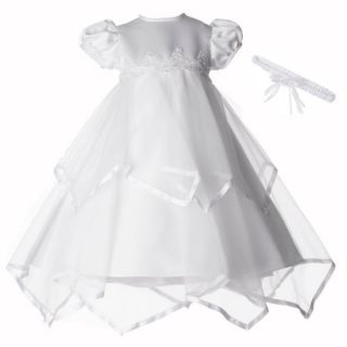 Christening Baptism Newborn Baby Girl Special Occasion Sheer Over Taffeta Two Tier Handkerchief Skirt Dress Gown Outfit With Satin Ribbon Trim