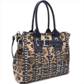Ritz Enterprises MS106 BK LP Womens Belted Leopard Print Fashion Tote Bag Striped With Rhinestones, Black