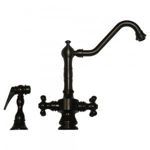 Whitehaus WHKSDTCR3 8201 ORB Vintage III dual handle faucet with long traditional swivel spout, cross handles and solid brass side spray   Oil Rubbed Bronze
