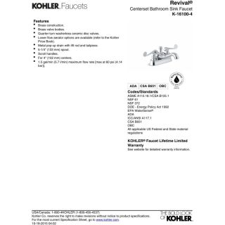 Kohler K 16100 4 CP Revival Polished Chrome  Two Handle Centerset Bathroom Faucets